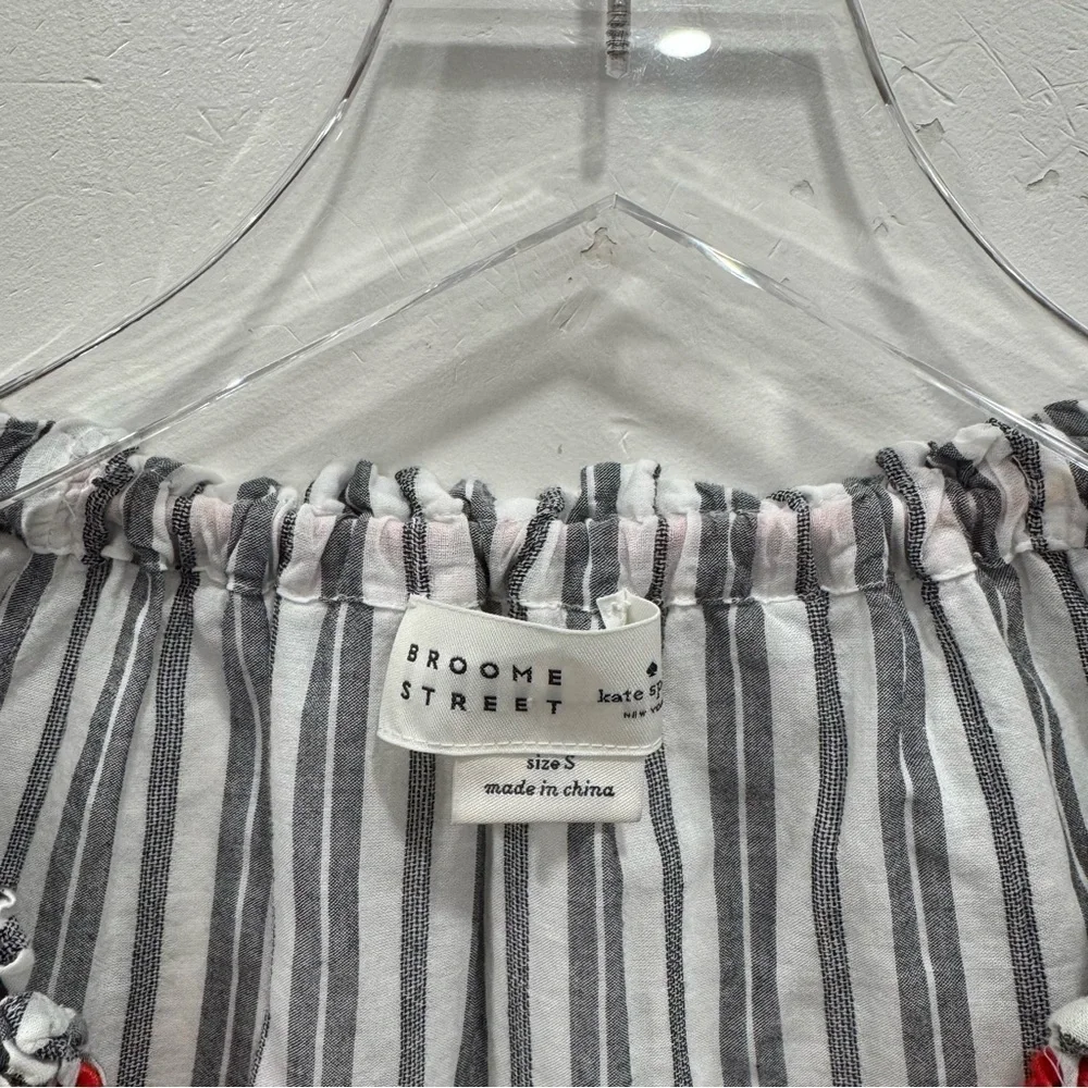 Kate Spade Broome Street Embroidered Stripe Peplum Blouse Tassle Red Grey Small